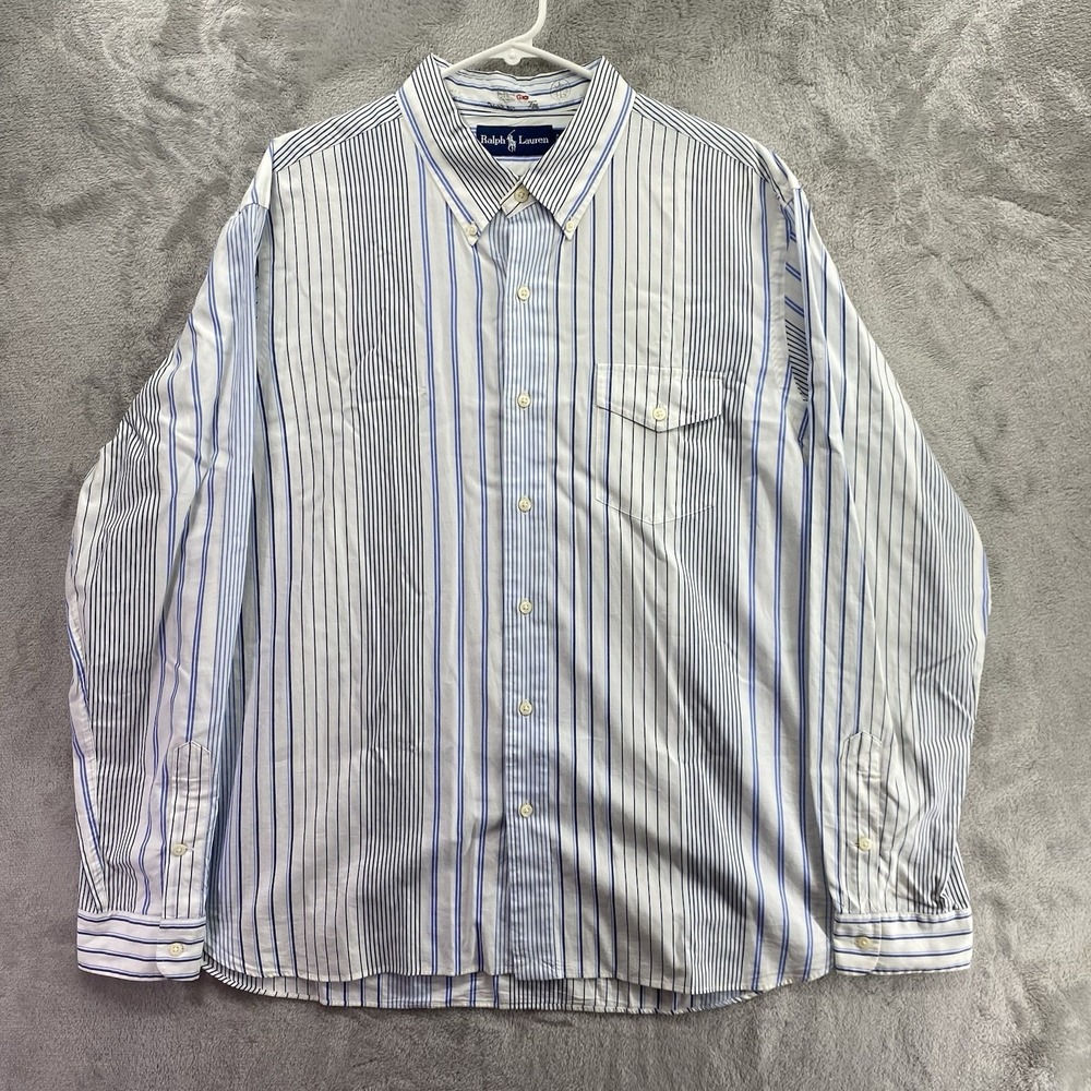 Ralph Lauren White Blue Striped Button Down Shirt Men's XL Cotton